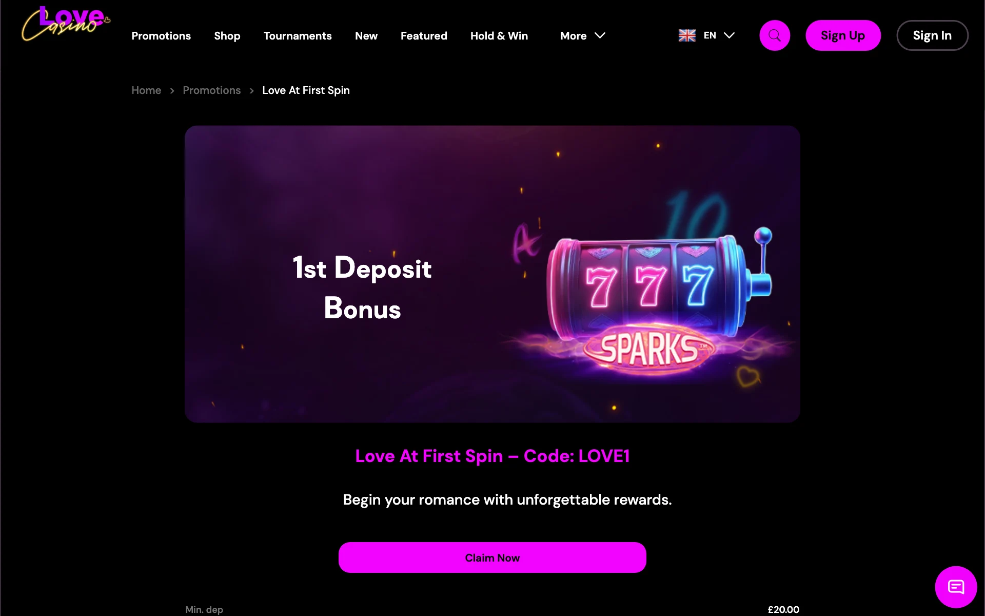 Love Casino LOVE1 promotion card for the first deposit
