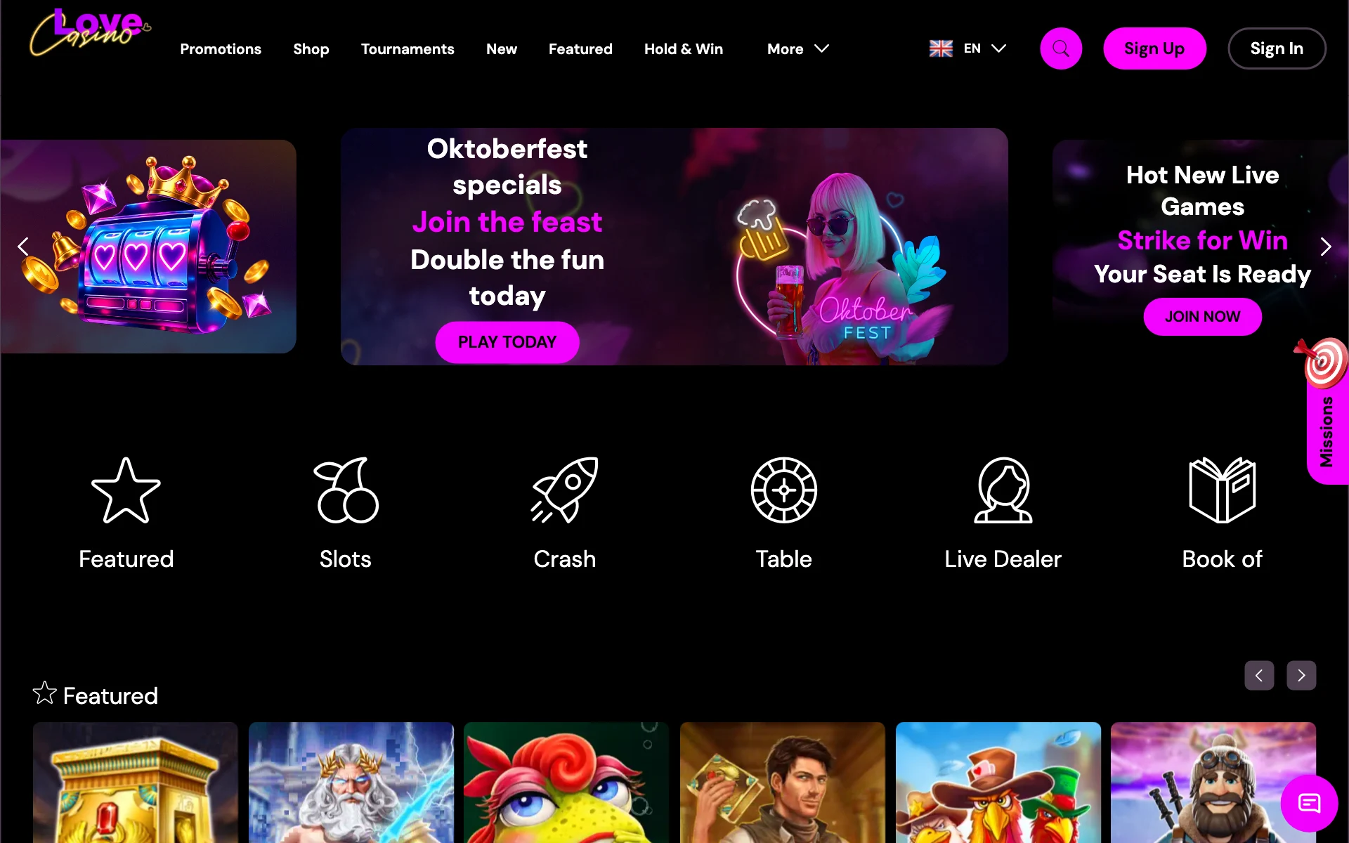 Love Casino lobby with the game categories and featured slots