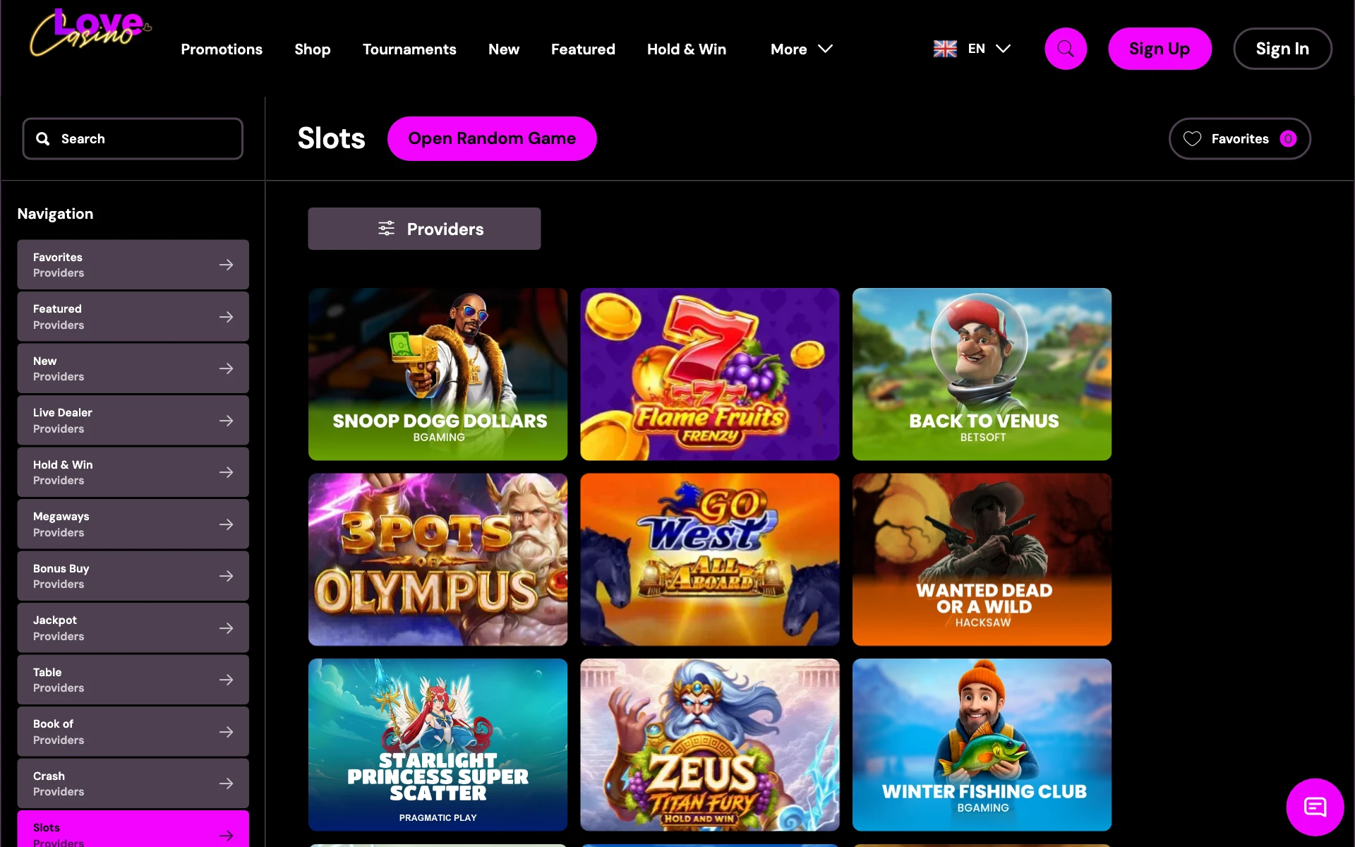 Love Casino slots lobby with the providers filter and game tiles