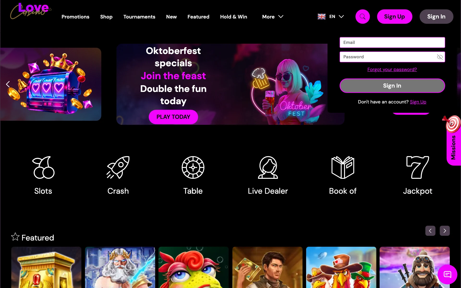 Love Casino sign-in form